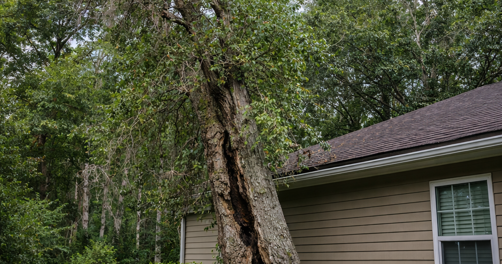 Declining laurel or water oak tree in Northeast Florida showing canopy dieback and structural weakness near residential property, indicating removal risk