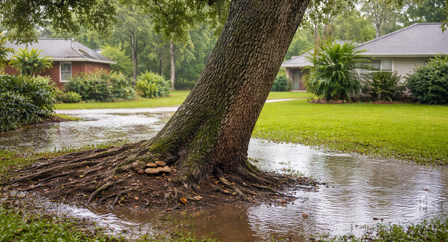 Heavy rain-saturated soil around a large oak tree in a Northeast Florida residential yard, showing early leaning risk after a storm