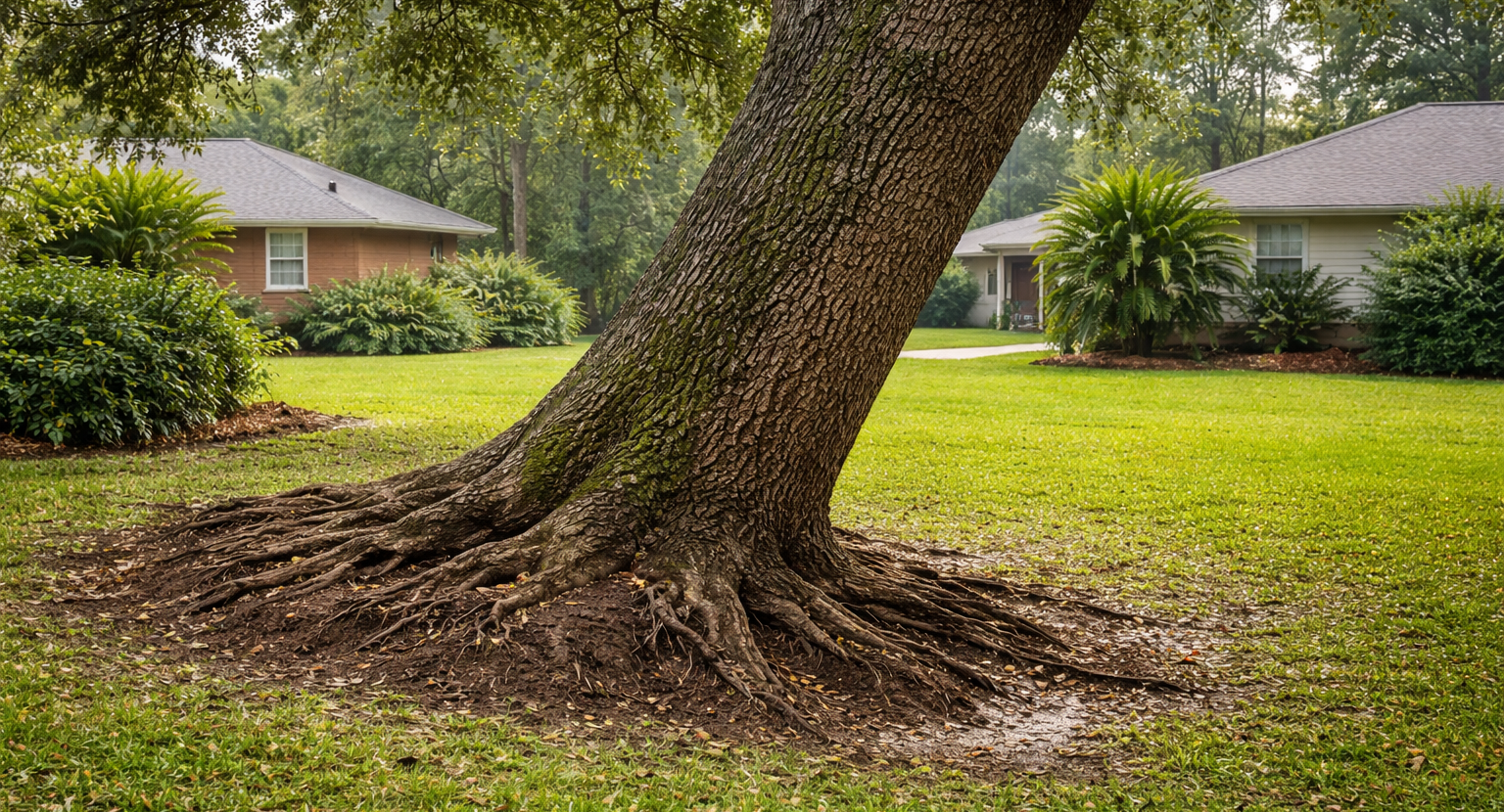 A large oak tree leaning at an angle in a Jacksonville residential yard with visible soil heaving around the base of the trunk