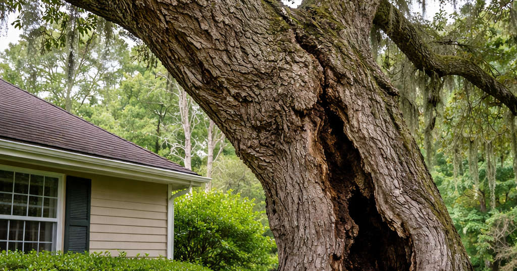 Mature live oak tree in North Florida showing trunk decay and structural stress near residential property, indicating potential safety risk