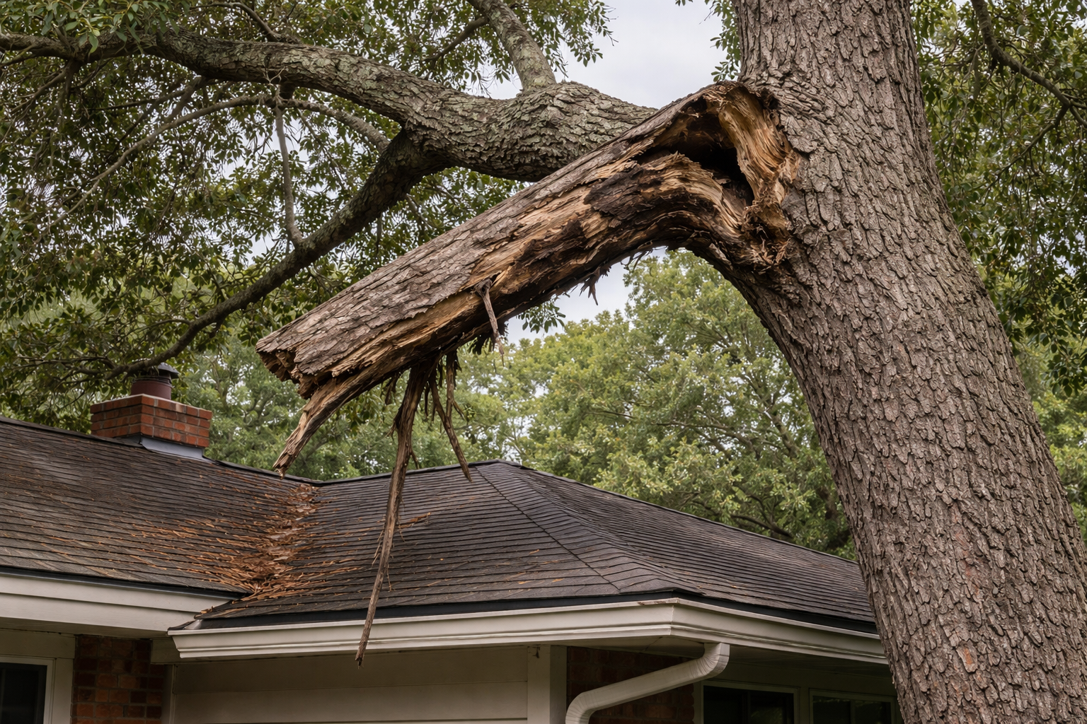 A mature water oak with a large dead limb hanging over a Jacksonville home roofline, showing structural decline typical of fast-growing species