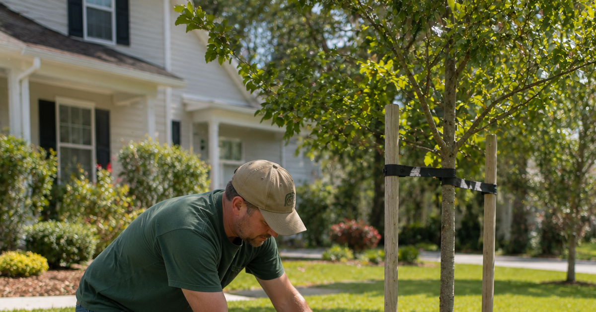A homeowner applying organic mulch around the base of a young oak tree.