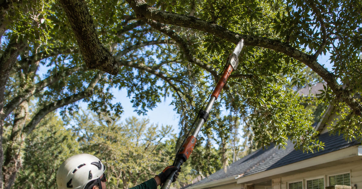 Arborist trimming overhanging tree branches near a residential property line in Jacksonville Florida