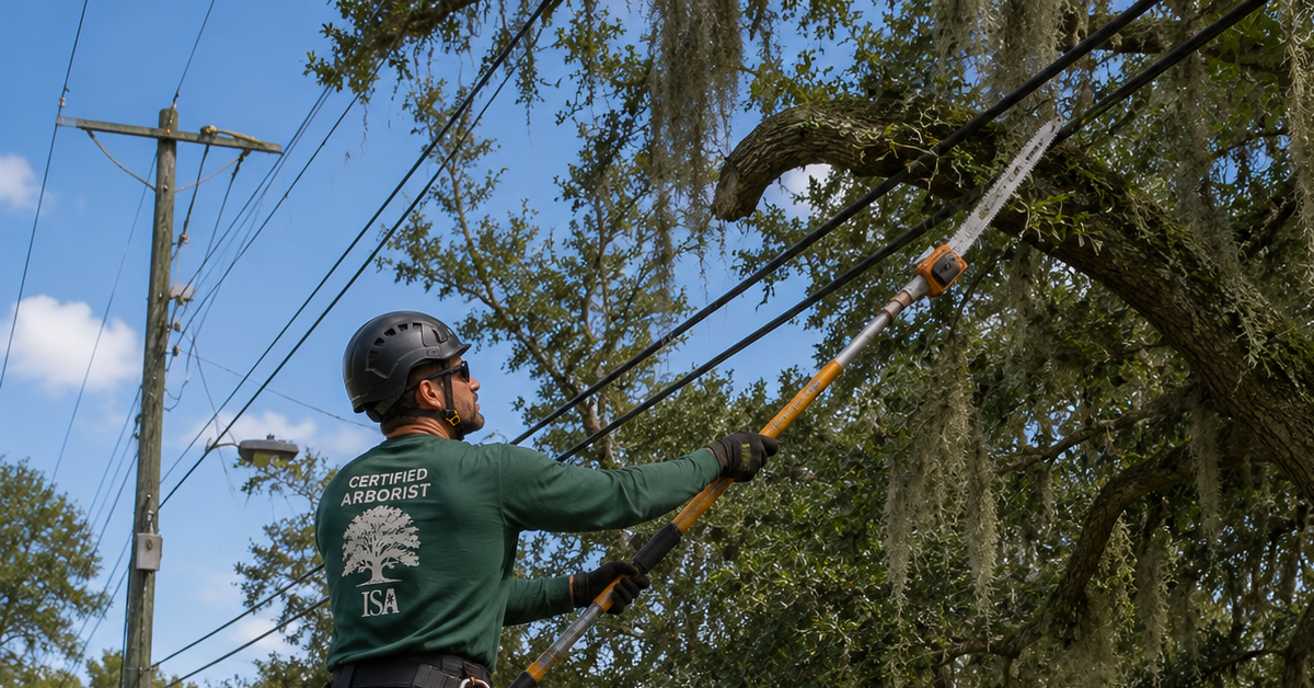 Certified arborist performing electrical line clearance pruning in Jacksonville
