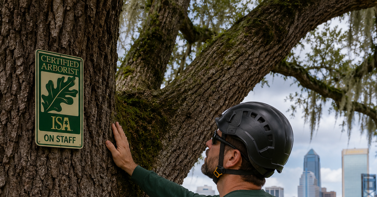 ISA Certified Arborist inspecting a live oak tree for hurricane readiness in Jacksonville FL