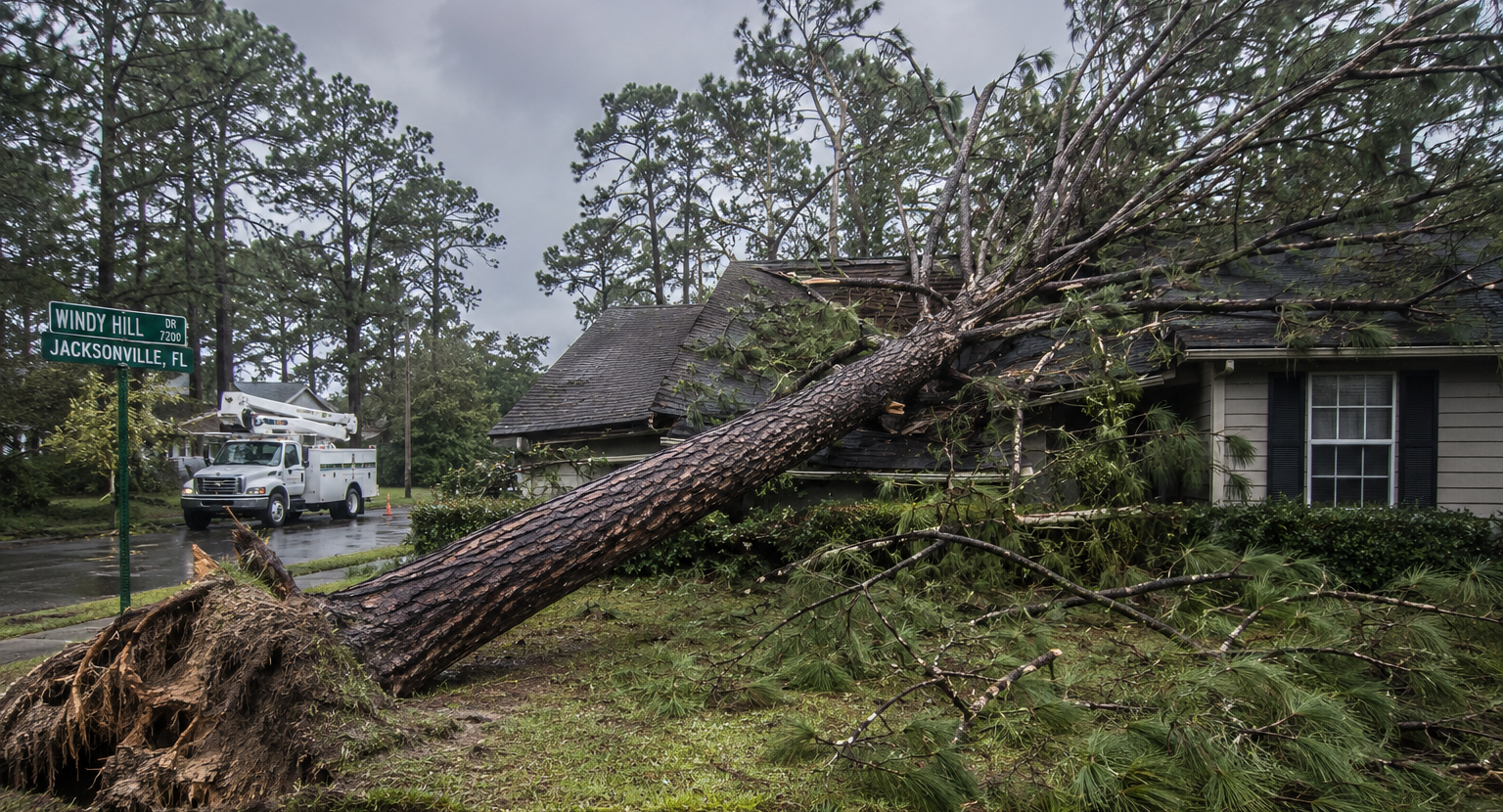 Fallen pine tree after a hurricane in Jacksonville, FL
